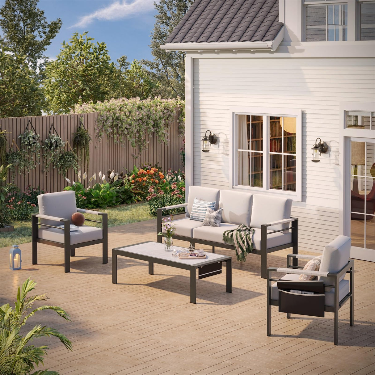 Bestier 4 Piece Aluminum Patio Furniture Set with Outdoor 3-Seater Sofa, Modern LED Patio Conversation Set with 5" Grey Cushions and Marble Texture Coffee Table for Balcony, and Backyard Bestier