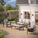 Bestier 4 Piece Aluminum Patio Furniture Set with Outdoor 3-Seater Sofa, Modern LED Patio Conversation Set with 5" Grey Cushions and Marble Texture Coffee Table for Balcony, and Backyard Bestier