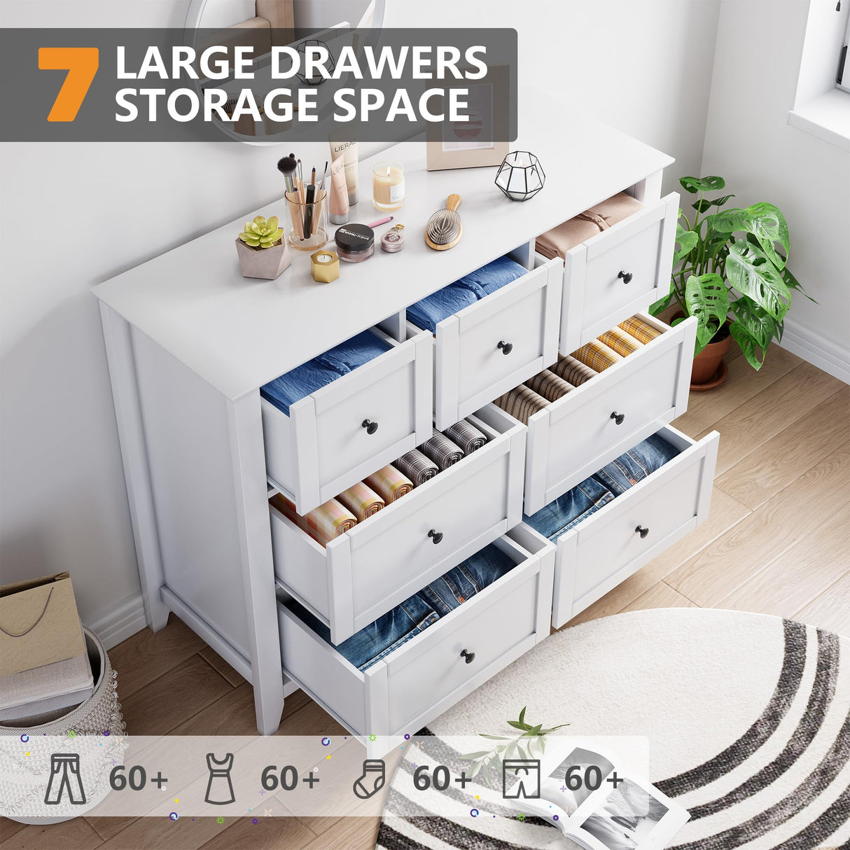 GarveeHome White 7 Chest of Drawer Dresser, Modern Storage Cabinet, Wood Organizer TV Stand for 48 inch TV, Bedroom, Living Room, Entryway GarveeHome
