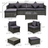 Outsunny 6 Piece Patio Furniture Set Outdoor Wicker Conversation Set All Weather PE Rattan Sectional Sofa Set with Ottoman, Cushions and Tempered Glass Table, Mixed Gray and Gray Outsunny