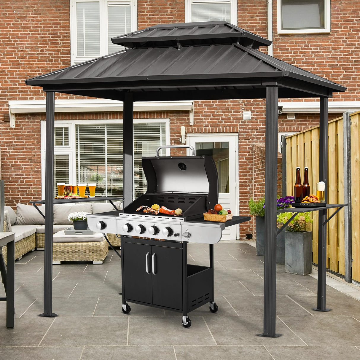 MELLCOM 8' x 6' Grill Gazebo, Outdoor Patio Gazebo with Galvanized Steel Double Roof, Hardtop Barbecue Gazebo with 2 Side Shelves and Ceiling Hook for Deck Lawn Backyard Garden (Black) MELLCOM