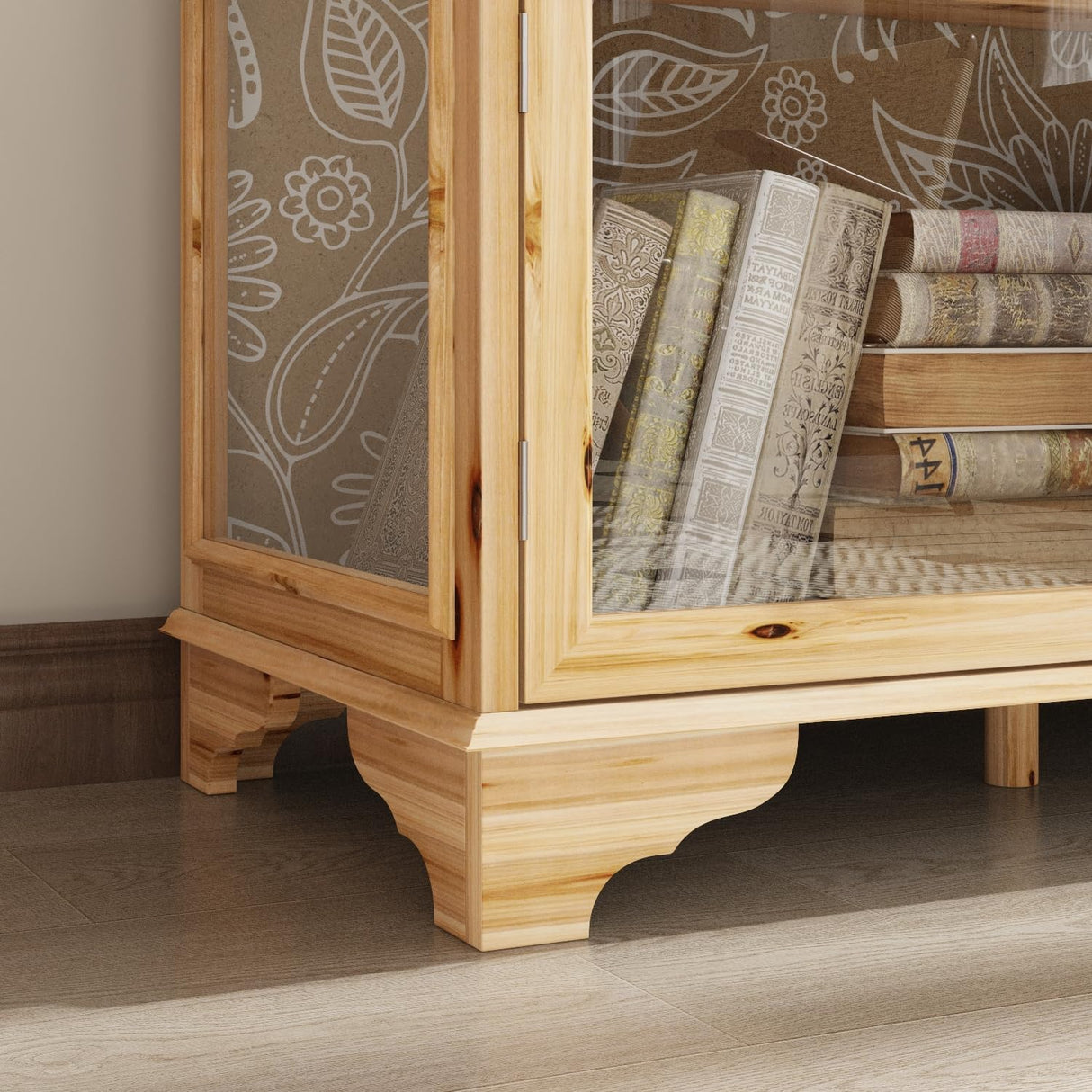 WOODTIME 78.7" W Wooden Sideboard with 8 Glass Doors & Fir Wood Frame, Storage Curio Display Cabinet with Patterned Backpanel, Coffee Bar Cabinet for Living Room Home Office, Brown WOODTIME