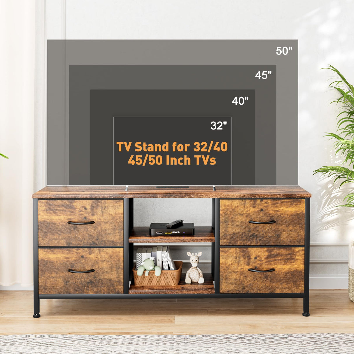 YaFiti TV Stand Dresser for Bedroom, Entertainment Center with Power Outlet for 50" TV, Dressers with 4 Fabric Drawers & Open Shelves for Living Room, Bedroom, Entryway, Rustic Brown YaFiti