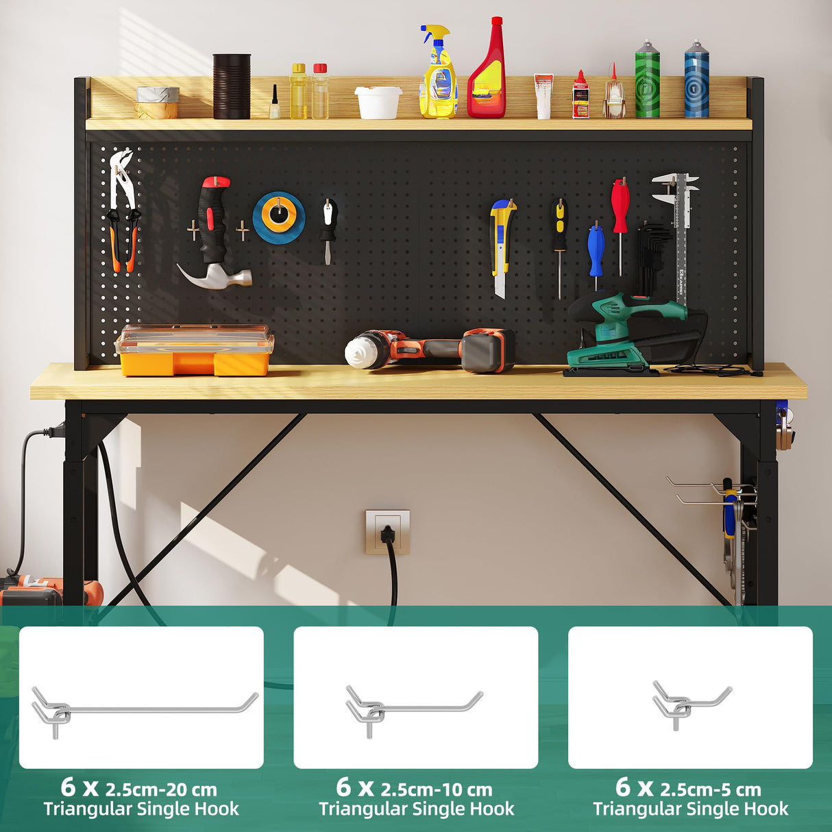YITAHOME 60" Adjustable Workbench with Pegboard, Wheels & 1600 LB Capacity, Rolling Work Table with AC/USB Outlets, Hooks, and Rack, Heavy-Duty Work Bench for Garage, Workshop, Office, or Home YITAHOME