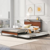 Bellemave Queen Metal Bed Frame with Trundle, USB Ports, Storage Headboard & 13 Slats, Black, No Box Spring Needed Bellemave