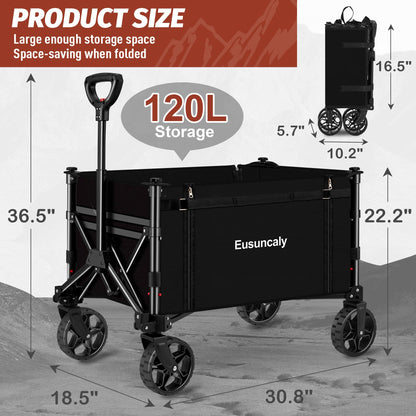 Eusuncaly Collapsible Wagon Cart with Wheels Foldable Wagon Folding Outdoor Utility Wagon Grocery Wagon for Camping Shopping Sports Gardeing Fishing (Black)