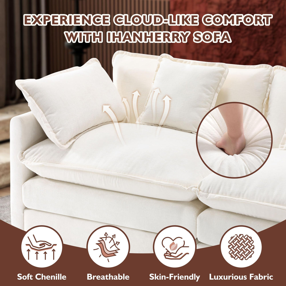 Ihanherry 146" U-Shaped Modern Sofa Modular Sectional Cloud Couch with 2 Ottoman, 6-Seat Chenille Deep Seat Sofa with 6 Pillows for Living Room, Bedroom and Apartment, Beige Ihanherry