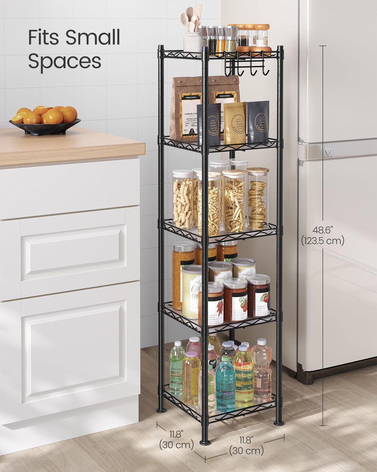 SONGMICS 5-Tier Bathroom Shelf, Storage Rack for Small Space, with 5 PP Shelf Liners, Removable Hook, Extendable Design, Ink Black and Translucent ULGR23BK SONGMICS