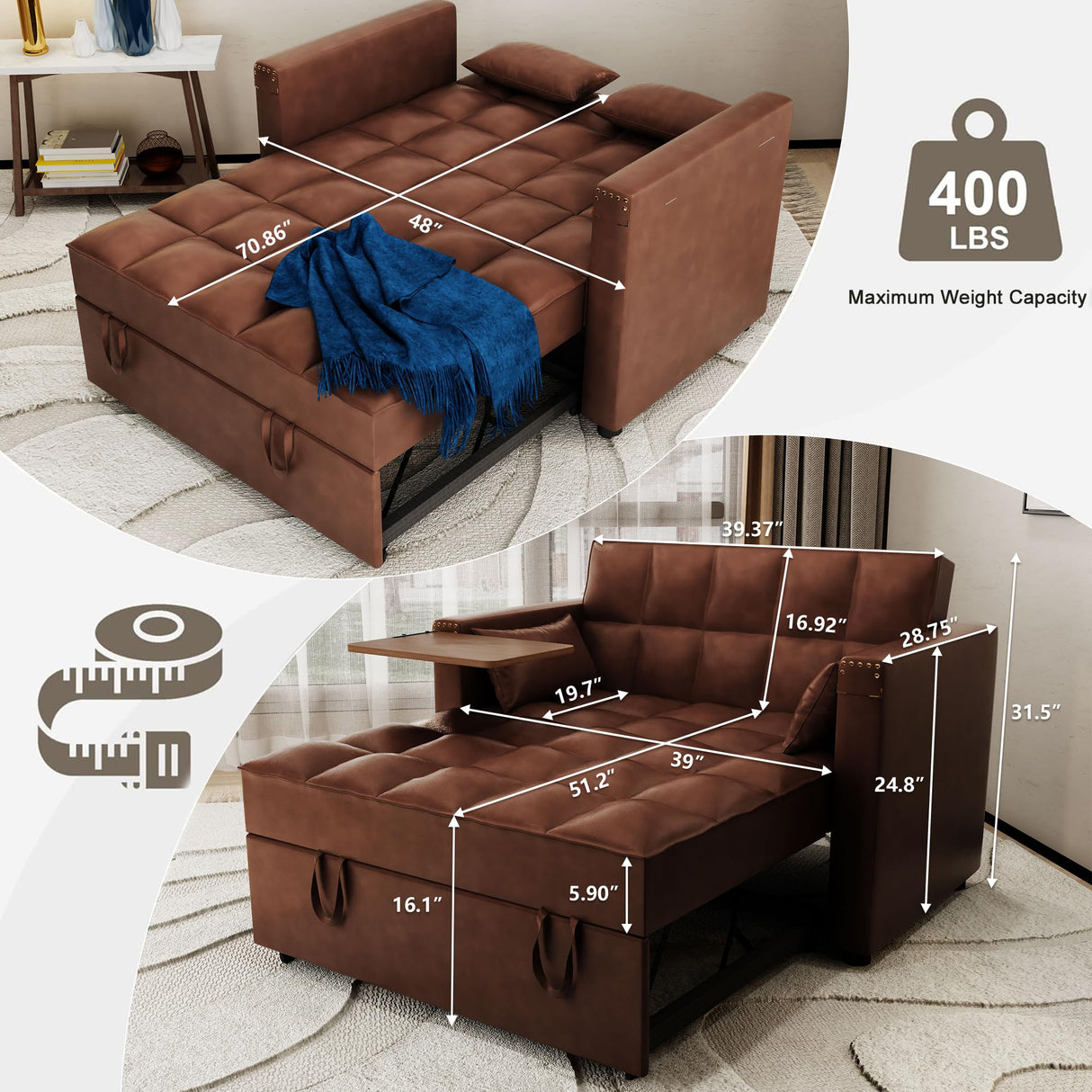 ORRD Convertible Sofa Bed, 3-in-1 Multi-Functional Faux Leather Sleeper Couch Pull-Out Bed, 48'' Loveseat Bed Chaise Lounge with Adjustable Backrest and Hidden Side Table for Living Room, Small Space ORRD