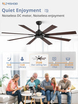 ZMISHIBO 72 Inch Ceiling Fan No Light with Remote Control, 8 Blades Quiet DC Reversible Motor, 6-Speed, Timer, Black Finish, Indoor Outdoor Ceiling Fans for Patios, Living Room, Garage ZMISHIBO