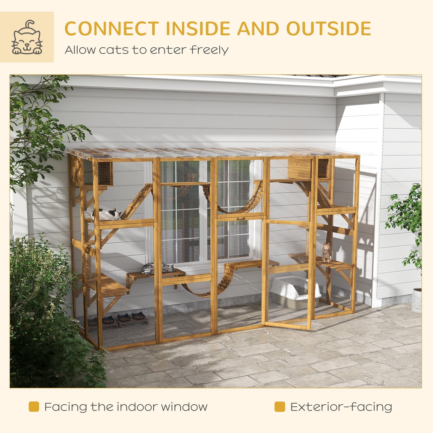 PawHut Catio Playground Cat Window Box Outside Enclosure, Outdoor Cat House with Weather Protection Roof for Multiple Kitties, Wooden Frame, Shelves & Bridges, 118" x 37.5" x 74", Yellow - WoodArtSupply