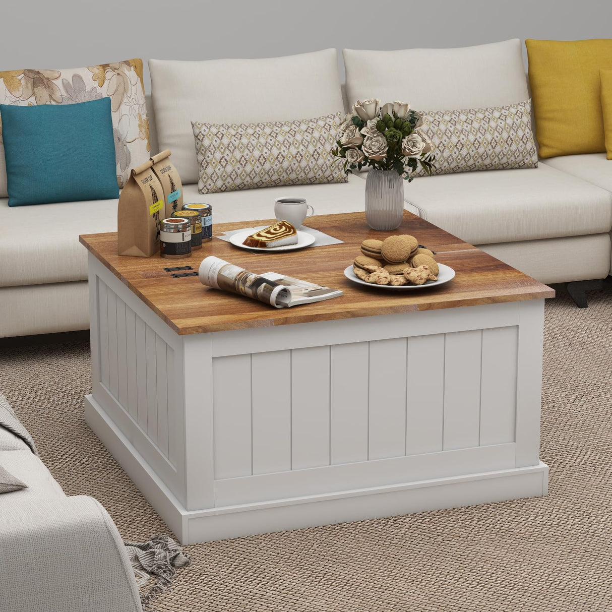 Farmhouse Coffee Table, Square Wood Center Table with Large Hidden Storage Compartment for Living Room, Rustic Cocktail Table with Hinged Lift Top for Home, White Locsear