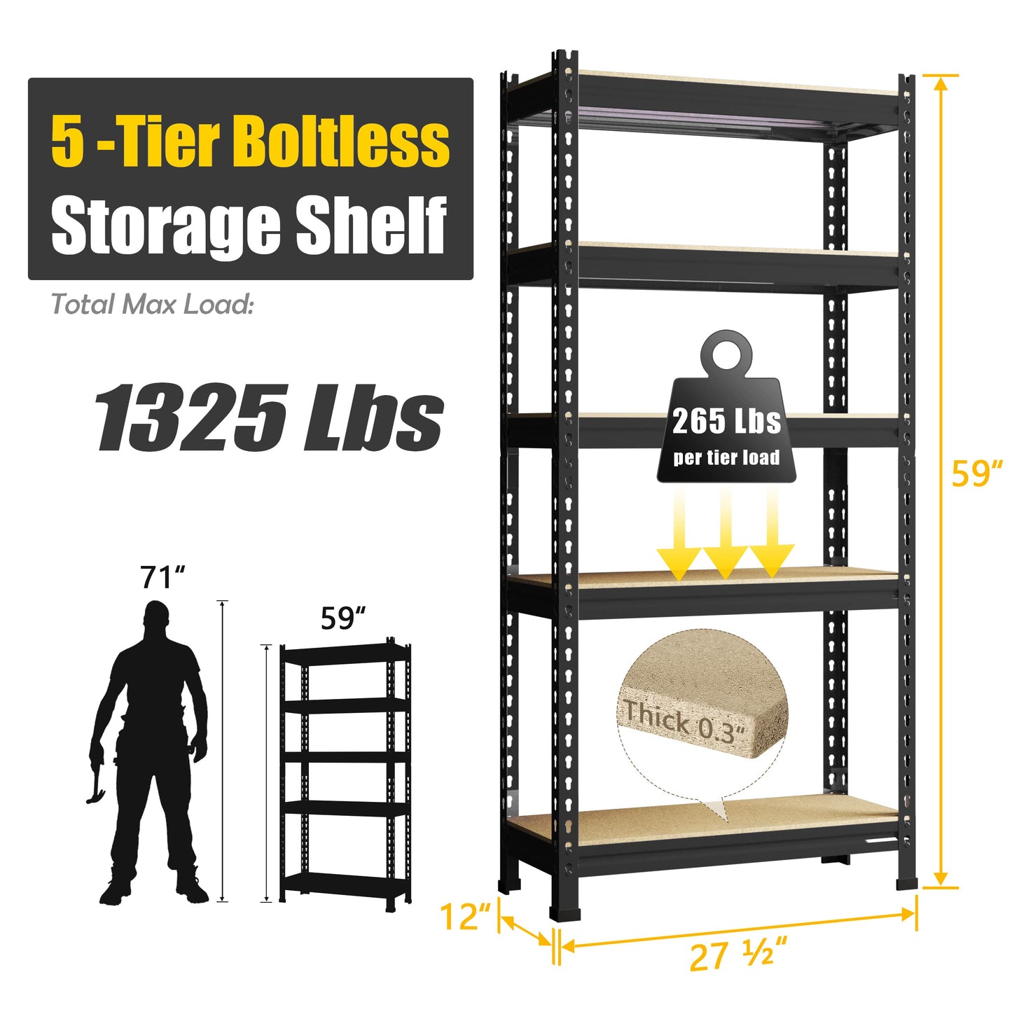 PrimeZone Storage Shelves 3 Pack 5 Tier Adjustable Garage Storage Shelving, Heavy Duty Metal Storage Utility Rack Shelf Unit for Warehouse Pantry Closet Kitchen, Black