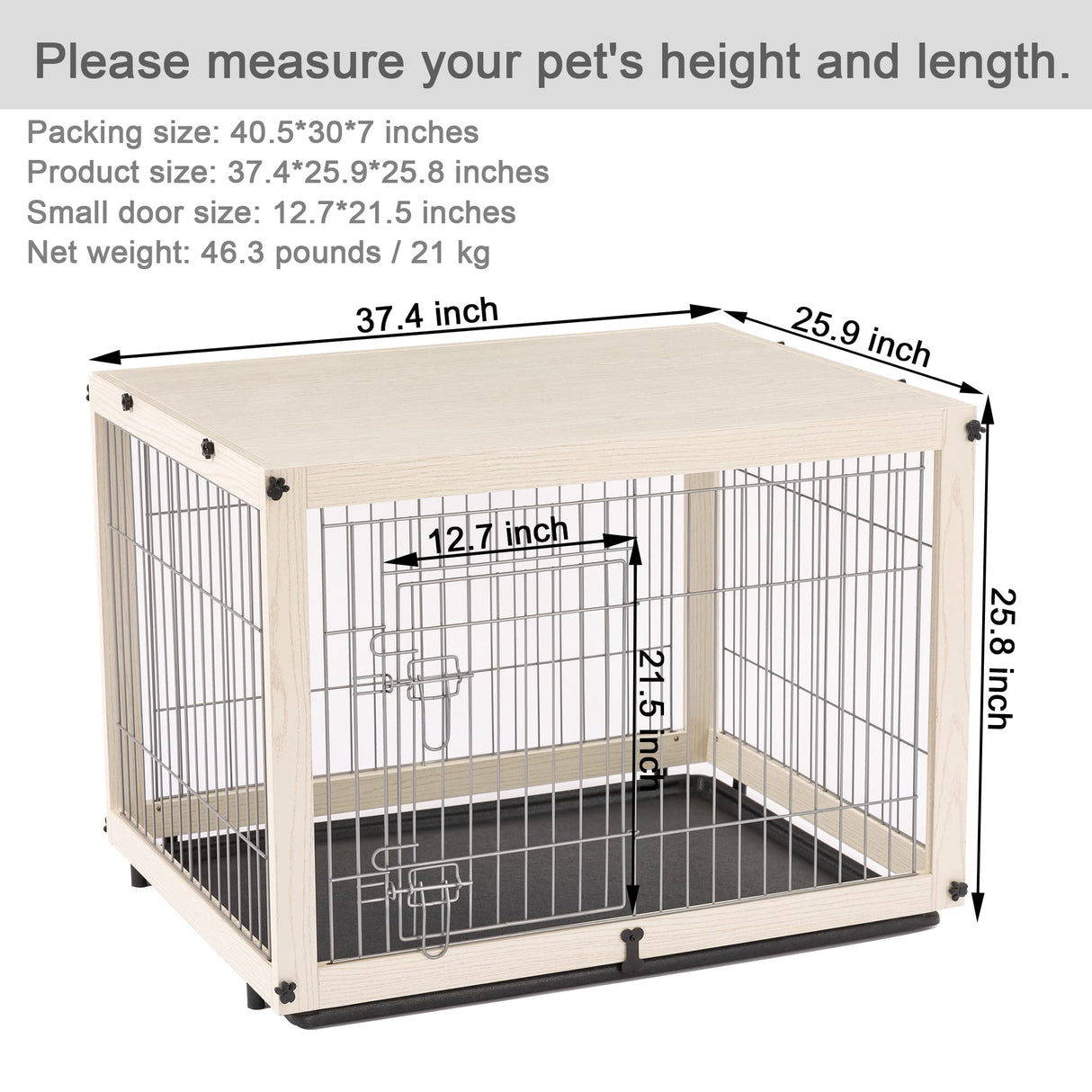 Dog Crate Furniture with Removable Top Cover, Wooden Crate with Tray, Dog Kennel Indoor for Medium/Large Dogs(White, 37.4" L*25.9W*25.8H) Furnipeture
