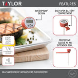 Taylor Waterproof Digital Instant Read Thermometer For Cooking, BBQ, Grilling, Baking, And Meat, Comes With Pocket Sleeve Clip, Red Taylor