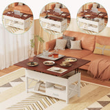 Coffee Table wth Lifting Top, Convertible Lift Top Coffee Table with Storage Drawer and Hidden Compartment, Farmhouse Lift Up Coffee Tables Converts to Dining Table for Living Room, Home Office, White VLOJELRY