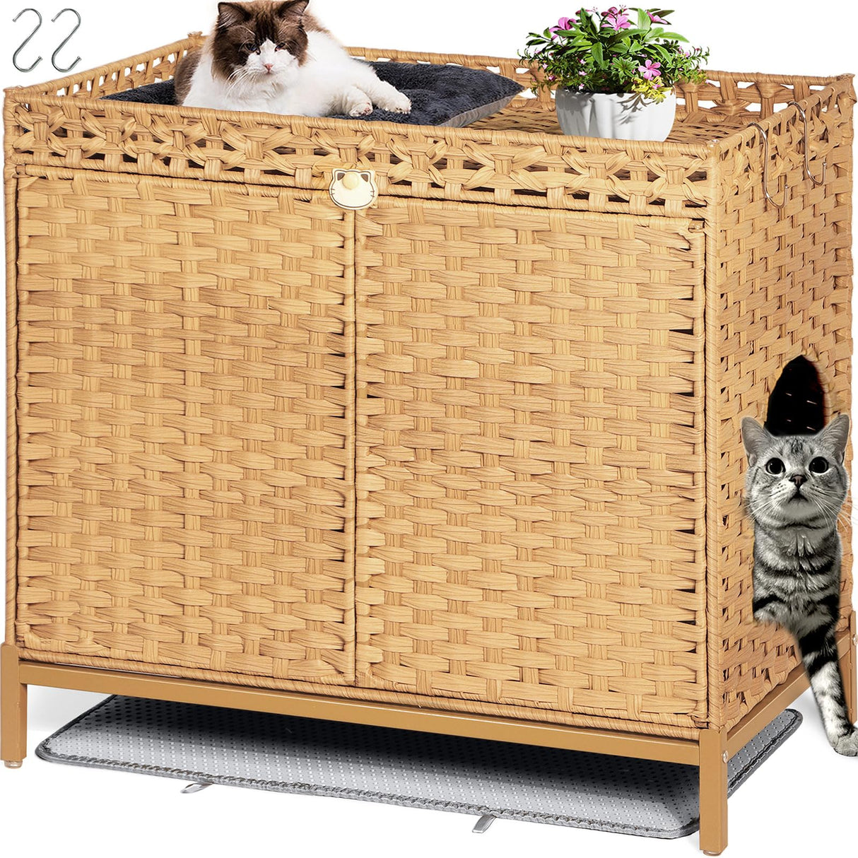 KUREEISE Cat Litter Box Enclosure; Cat Litter Box Enclosure Furniture with Cat Litter Mat;Handwoven Rattan Cat House with Metal Heightened Feet;30.3×18.3×28 Inches;Living Room, Bedroom-Natural KUREEISE