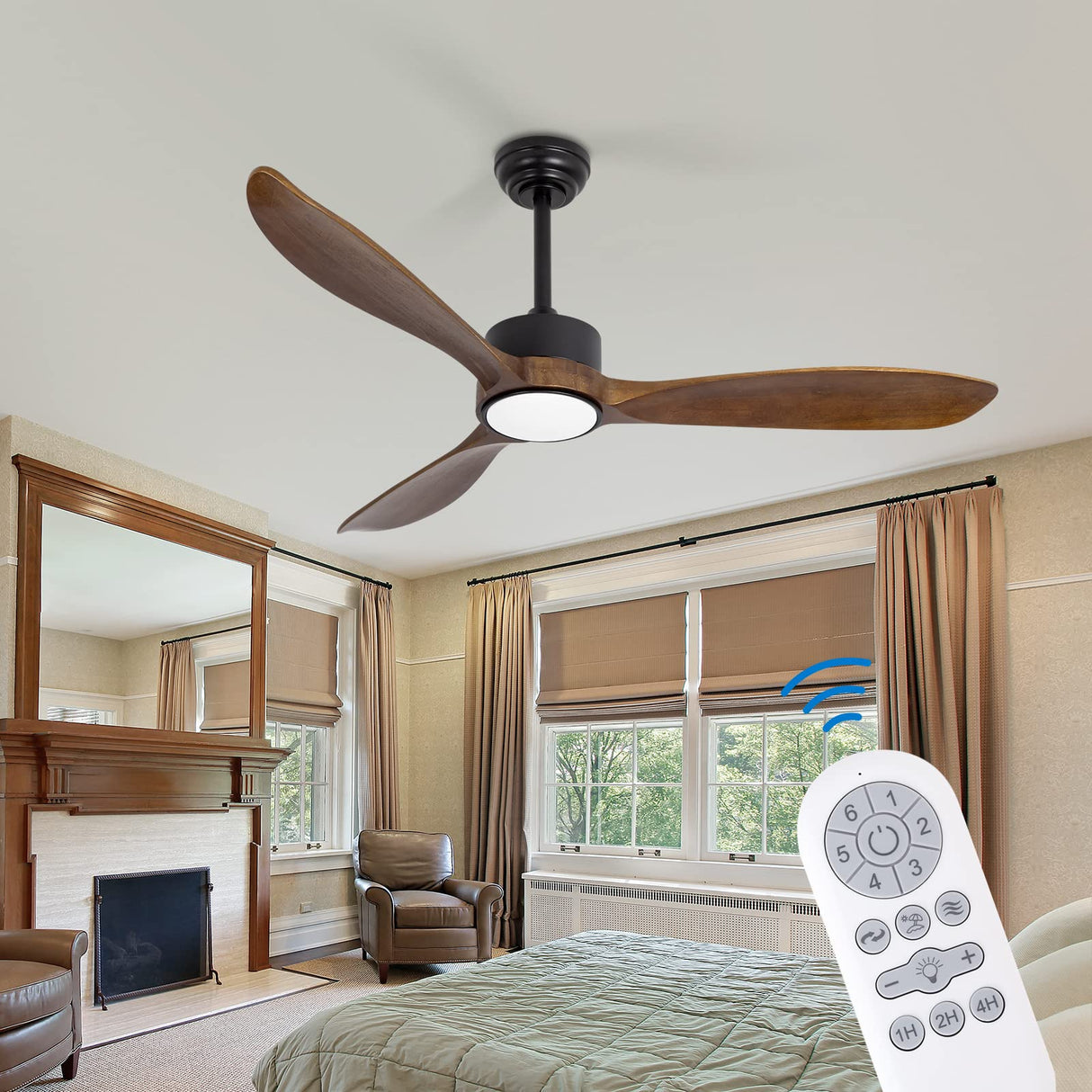 VACILL 52 inch Wood Ceiling Fan with Light and Remote,Noiseless DC Motor,6 Speed Levels,LED Dimmable,Dark Brown Wood Blade VACILL