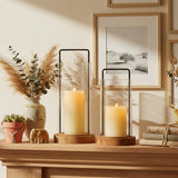 Houmury Set of 2 Hurricane Candle Holders Lantern 12” & 10”with Wood Base Metal Handle Glass Cylinder Modern Farmhouse Decor for Home Decoration, Table Centerpieces Houmury