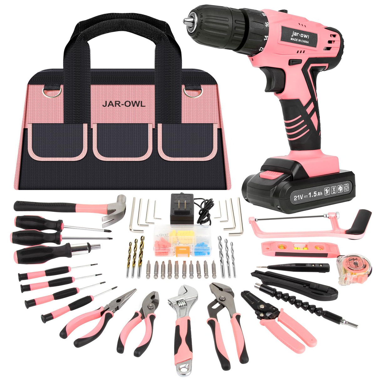 Jar-Owl 21V Pink Drill Set Tool Kit Set Power Drill for Women DIY with Storage Bag Tool Box,350 in-lb Torque, 0-1350RMP Variable Speed, 10MM 3/8'' Keyless Chuck, 1.5Ah Li-Ion Battery for Home Tool Kit jar-owl