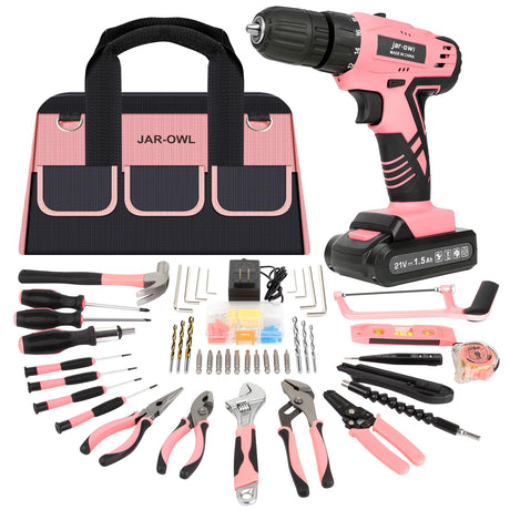 Jar-Owl 21V Pink Drill Set Tool Kit Set Power Drill for Women DIY with Storage Bag Tool Box,350 in-lb Torque, 0-1350RMP Variable Speed, 10MM 3/8'' Keyless Chuck, 1.5Ah Li-Ion Battery for Home Tool Kit jar-owl