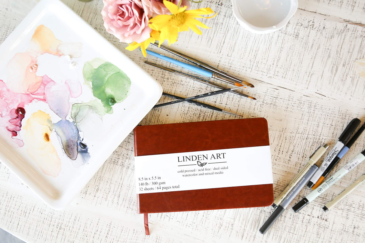 Linden Art Watercolor Journal, 140 lb (300 GSM), 64 Cold Pressed 8.5"x5.5" Pages, Watercolor and Mixed Media Travel Journal, Brown PU Leather Hard Cover Linden Art