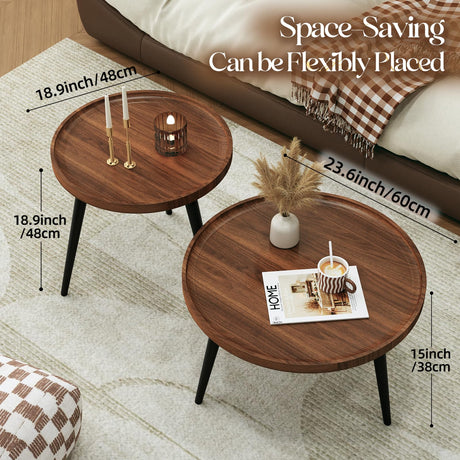 Semjar 2 Pcs Mid Century Modern Round Coffee Tables for Living Room,Easy Assembly Nesting Coffee Tables,Natural Wood Color Minimalist Circle Coffee Tables for Bedroom Office Balcony Yard Semjar