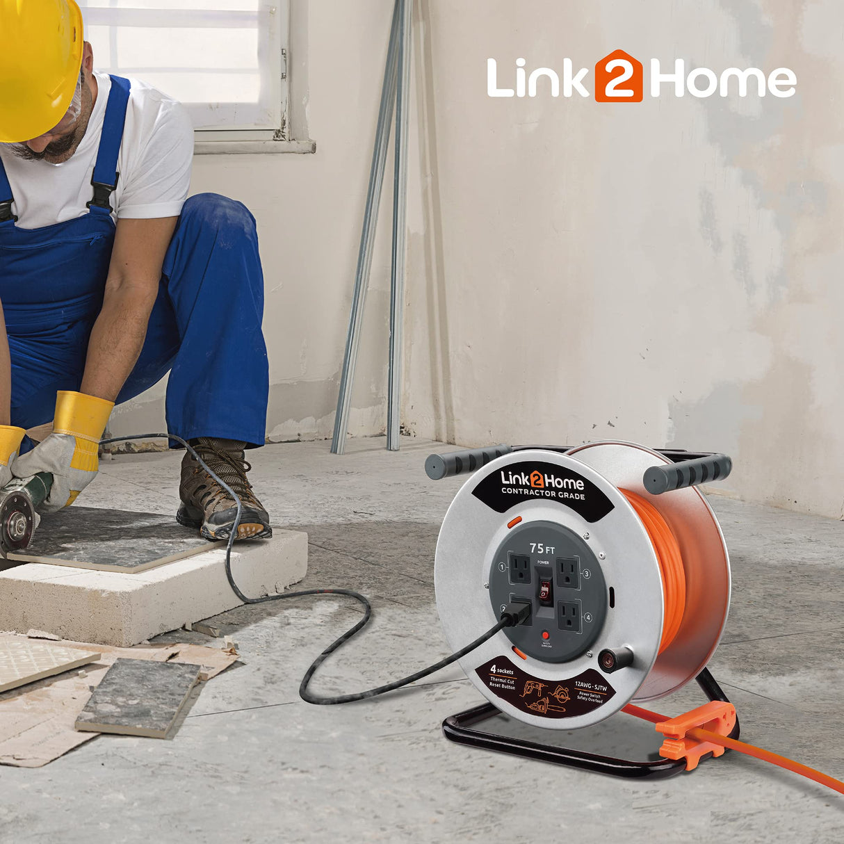 Link2Home Contractor Grade Retractable Extension Cord Reel 75 Ft. With 4 Outlets & Heavy Duty/High Visibility 3-Prong SJTW Cord Link2Home
