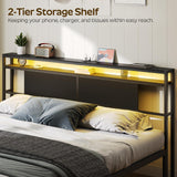 YATINEY Queen Size Headboard, Headboard with Light and Outlets, Headboard with 2 Storage Shelves, Storage Rack, Adjustable Height, Sturdy and Stable, Easy Assembly, Black YATINEY