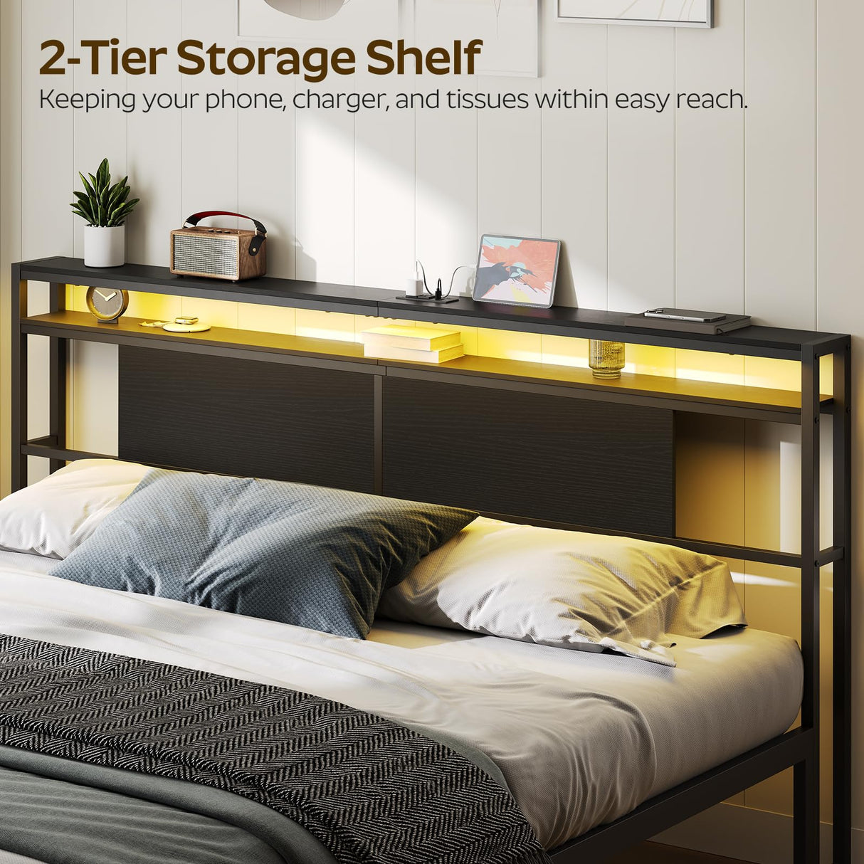 YATINEY King Size Headboard, Headboard with Light and Outlets, Headboard with 2 Storage Shelves, Storage Rack, Adjustable Height, Sturdy and Stable, Easy Assembly, Black YATINEY