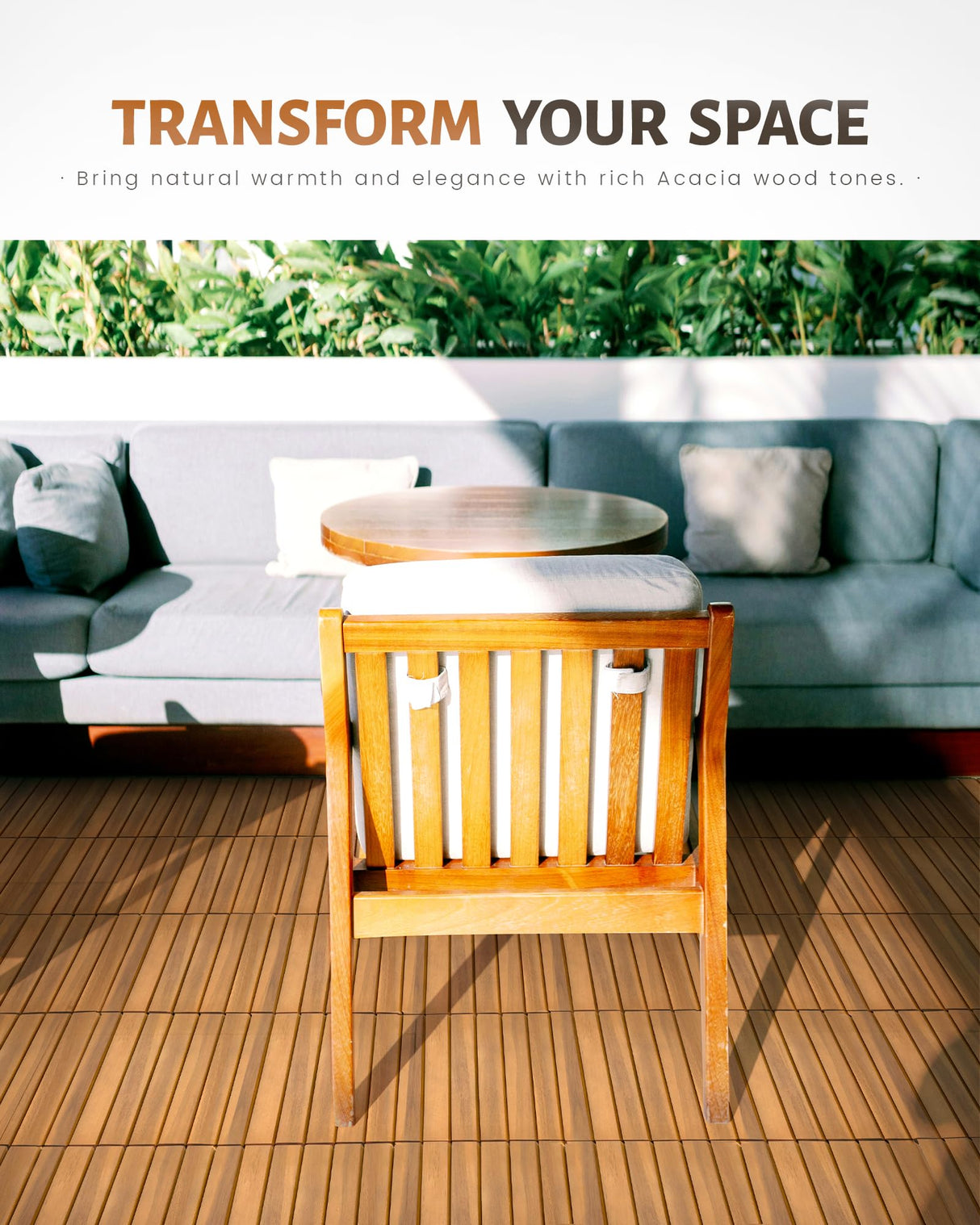 Upolana 9 PCS Interlocking Deck Tiles 12" x 12", 6 Slats Outdoor Flooring Acacia Wood Patio Tiles, Waterproof Patio Flooring Decking for Balcony Backyard, Indoor and Outdoor Use Upolana