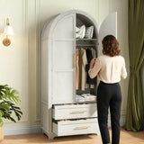Maupvit Wardrobe Closet, Modern Armoire Wardrobe Closet with 2 Drawers and Arched Doors, 73" Tall Wooden Bedroom Armoires with Shelves and Hanging Rod, White Maupvit