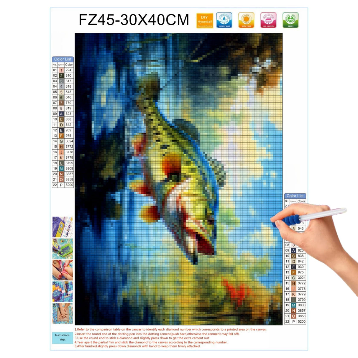 5D Diamond Art Painting Bass Fish Jump Out Full Drill Diamond Art Painting by Number Kits for Adults Square Beads Mosaic Cross Stitch for Wall Decoration 16x12inch WoodArtSupply