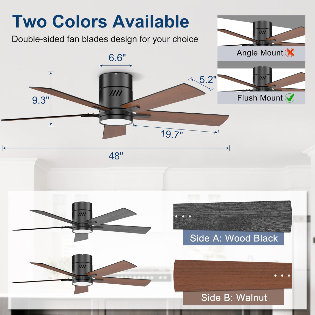 Ohniyou Ceiling Fan with Lights, 48" Flush Mount Ceiling Fan with Light and Remote, Low Profile, Reversible Motor, Dimmable for Bedroom Living Room, Walnut Ohniyou