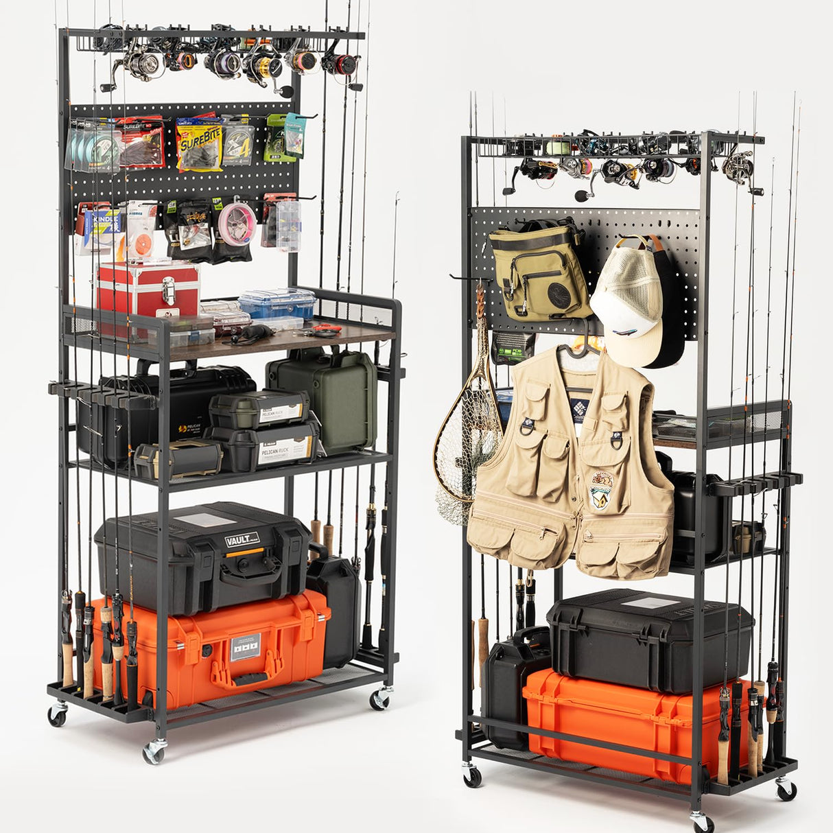 SOYEEZE Large Size Fishing Rod Holders for Garage, Heavy Duty 4-Tier Fishing Pole Rack Holds up to 12 Rods with Pegboard and Hooks, Fishing Gear Organizer, Fishing Storage Cart with Lockable Wheels SOYEEZE