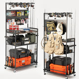 SOYEEZE Large Size Fishing Rod Holders for Garage, Heavy Duty 4-Tier Fishing Pole Rack Holds up to 12 Rods with Pegboard and Hooks, Fishing Gear Organizer, Fishing Storage Cart with Lockable Wheels SOYEEZE