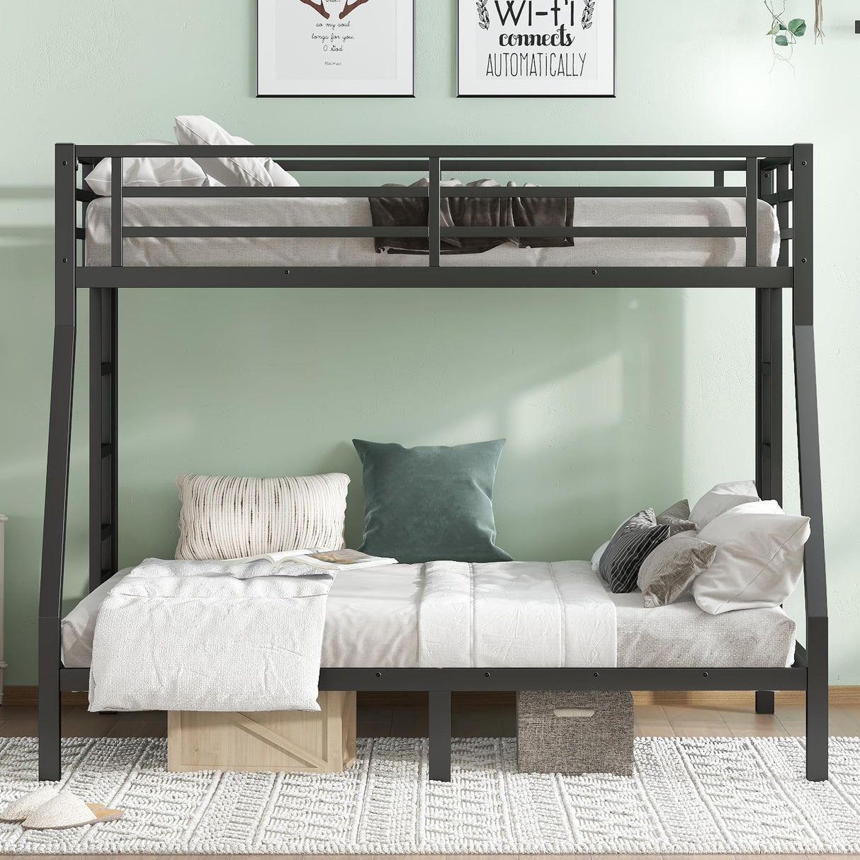 Twin Over Full Bunk Beds for Adults,Heavy Duty Adult Bunk Beds,Metal Bunk Bed Twin Over Full with 2 Ladders for Kids,Teens,Noise-Free,Black Bellemave