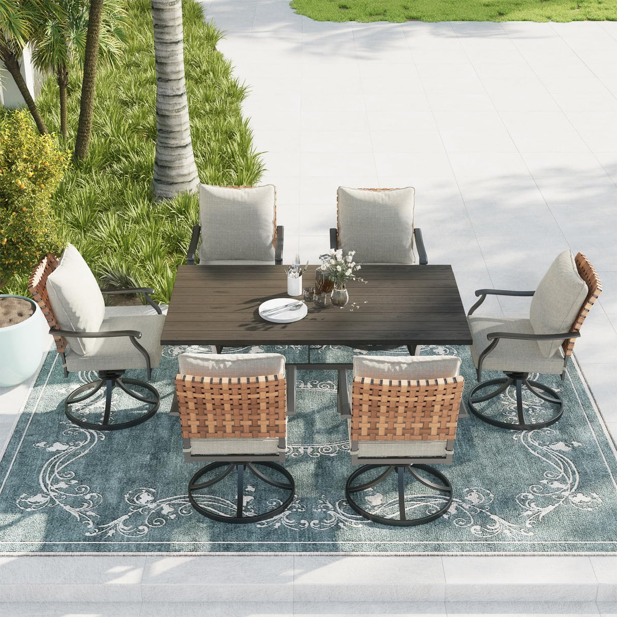 Grand patio 7-Piece Outdoor Dining Set, 6 Leather-Look Wicker Swivel Patio Chairs & 1 Rectangular Dining Table, Black Grand patio