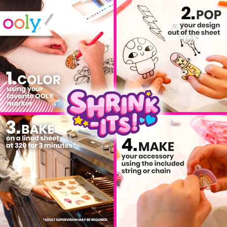 Ooly Shrink-Its 28 PC DIY Shrinking Art Kit That Creates Charms and Tags, Includes 20 Plastic Pre Cut Charms and More, No Mess Art for Kids, DIY Creative Activity, Ideal Party Favor - Cute Crew Ooly