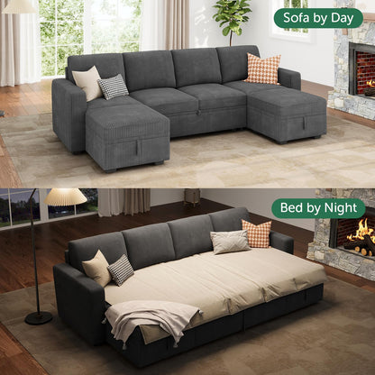 HONBAY Modular Sectional Sleeper Sofa Bed, Corduroy Pull Out Couch with Storage Ottoman, U Shaped Sectional Couches for Living Room, Dark Grey