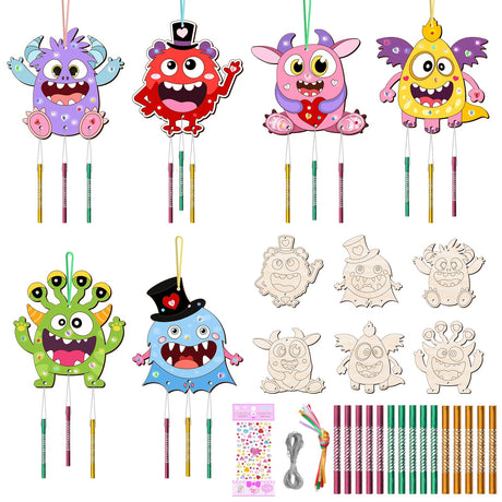 TREACLUB 12 Pack Monster Wind Chime Kit Make You Own Cartoon Wind Chime Kids Crafts DIY Monster Ornaments Decorations Wooden Arts Fall Craft for Girls Boys Valentines Day Activity Party Favor TREACLUB