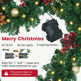 9FT Christmas Garland with Lights, Pre-Lit Garlands for Christmas Decoration with 60 LED Lights, Berries, Bows, Ball, Flower, Leaves, Battery Operated Indoor & Outdoor Christmas Decor PROSWIFT