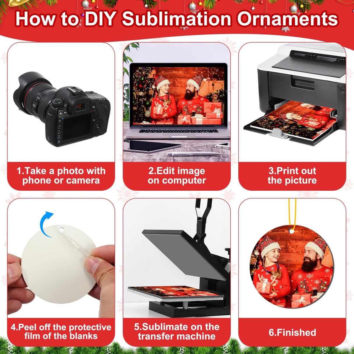 Jenaai 48 Pcs Sublimation Ornament Blanks 2.95 Inch Christmas Double Sided Sublimation Blank Pendants with Rope MDF Heat Transfer Disc Blanks for Party Xmas Tree Decorations and DIY Crafts, 4 Shapes Jenaai