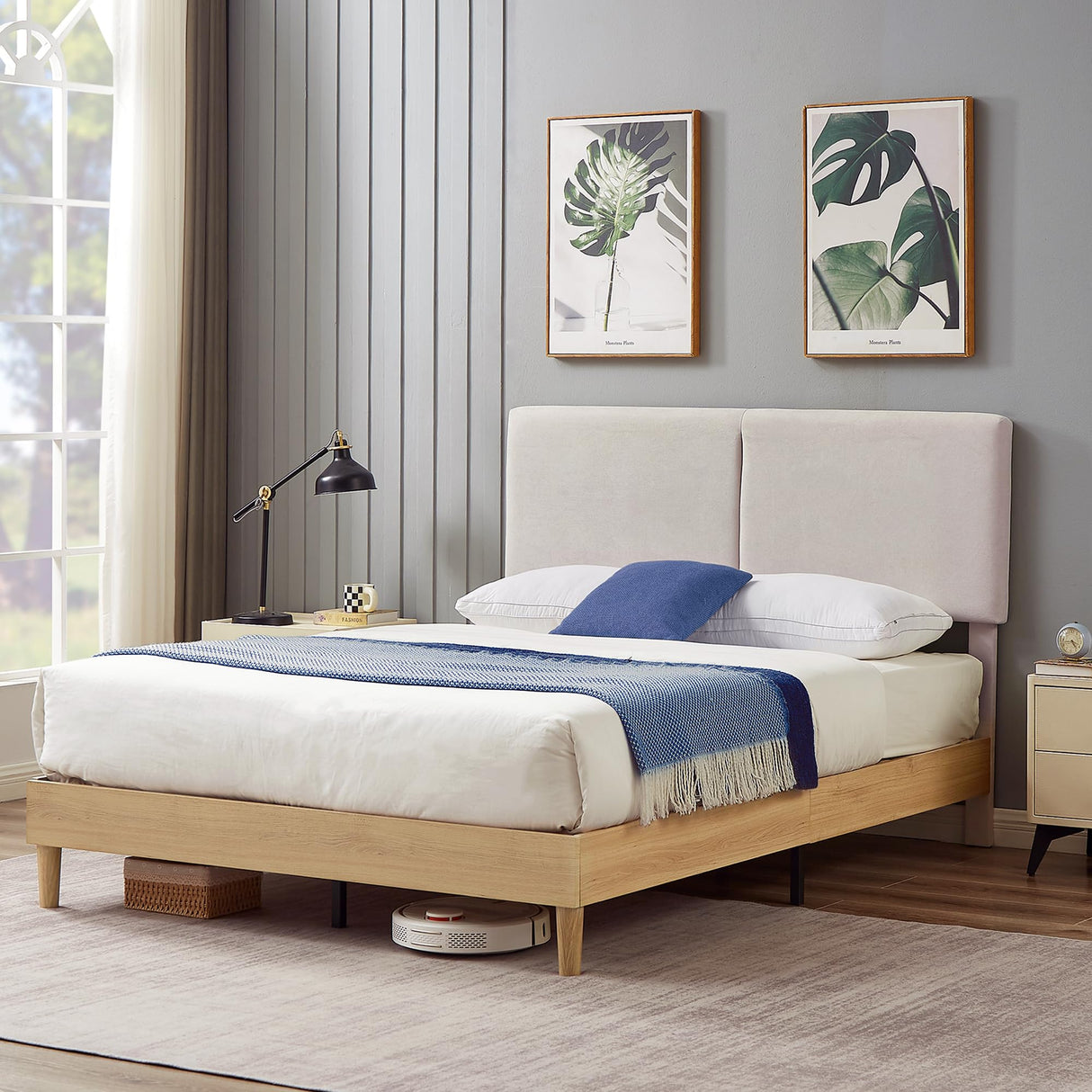 VECELO Adjustable Beige Upholstered Queen Bed Frame with Heavy-Duty Slats and Noise-Free Design VECELO