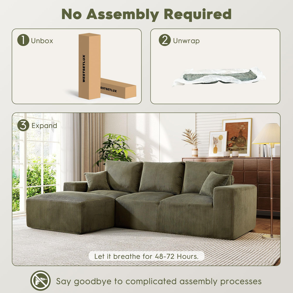 WESTSETLUX 108” Cloud Sectional Sofa Couch with High-Seat, Corduroy Modular Sofa with Oversized Chaise, High-Back Modern L-Shaped Couches for Living Room, No Assembly Required (Green) WESTSETLUX