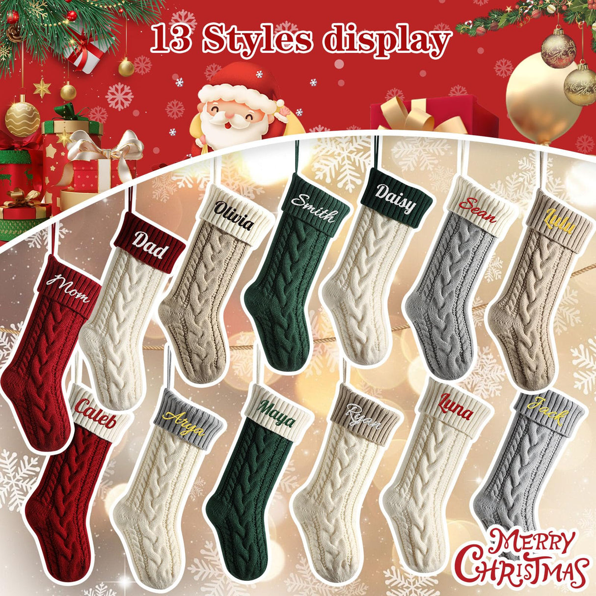 Personalized Christmas Stockings, 18” Large Custom Stockings with Embroidered Name, 1 Pack Knitted Xmas Stocking for Kids,Holiday and Family Stocking for Fireplace Christmas Party Decoration (A) Tarwanear