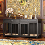 DAWNSPACES Dog Kennel Furniture, 64.6 Inch Heavy Duty Wooden Large Furniture Style Dog Crate with Drawers & Divider, Indoor Dog House TV Stand with Double Rooms for Medium Small Dogs, Black DAWNSPACES