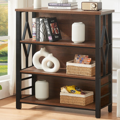 HOMISSUE Bookshelf, 4-Tier Rustic Short Bookshelf, Industrial Shelf Bookcase with Engineered Wood Shelves, Low Bookcase with Storage, Small Shelf for Living Room, Bedroom and Office, Rustic Brown