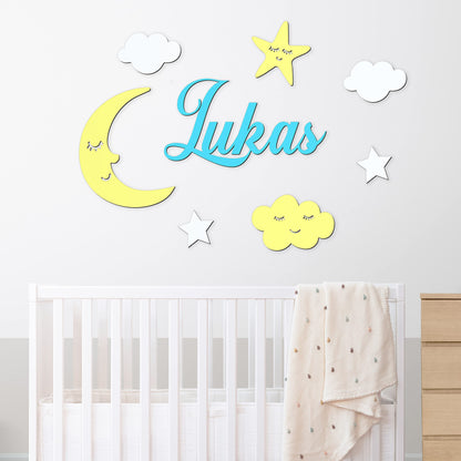 Wooden Name Sign Personalized Wooden Wall Decor Above a Crib Custom Baby Name Sign, Nursery Wall Decal (Moon Theme) - WoodArtSupply