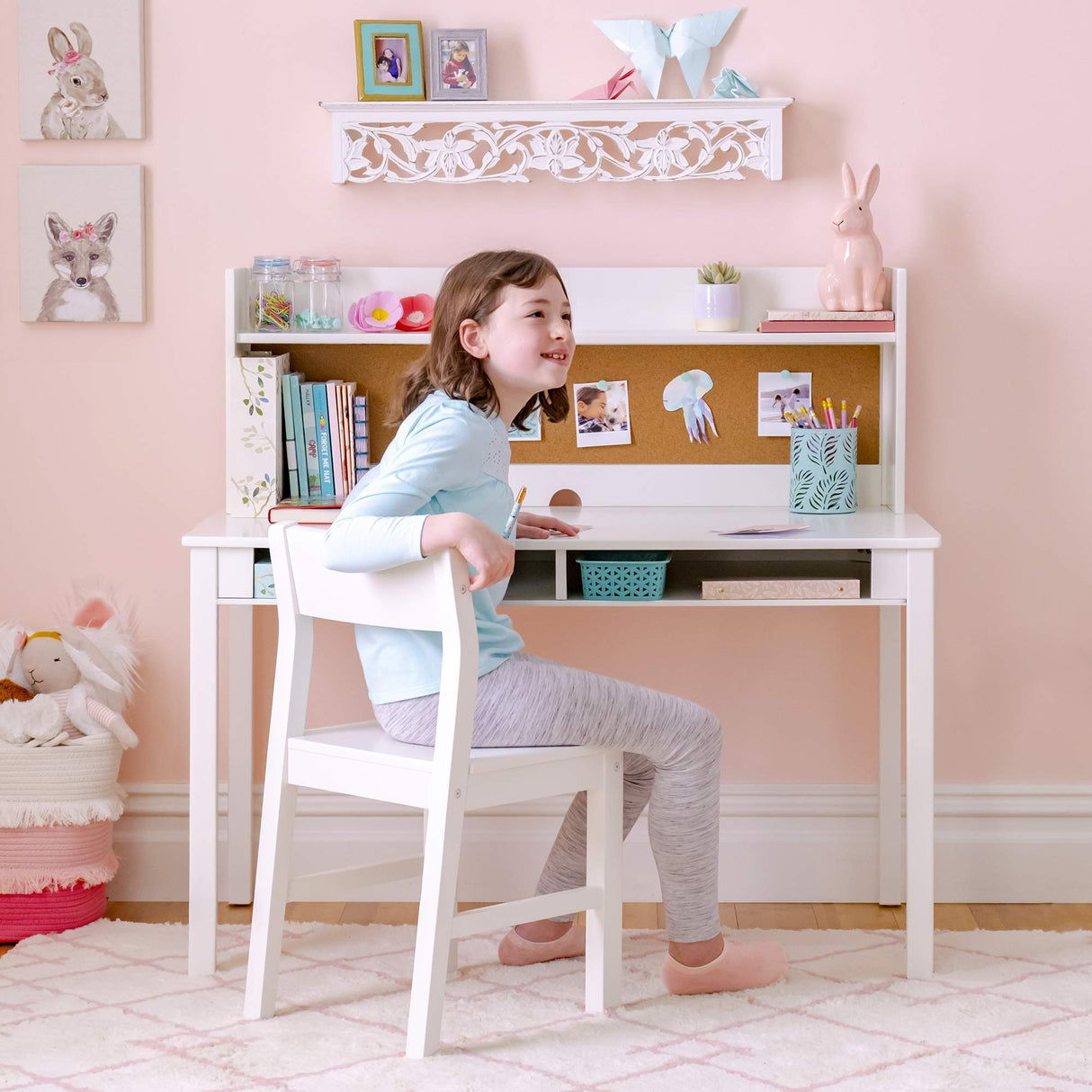 Martha Stewart Kids' Desk with Hutch and Chair by Guidecraft - Creamy White: Kids Wooden Study Table with Storage and Corkboard | Kids' Bedroom Furniture Set, Desk and Chair Set Ages 5-12 Martha Stewart